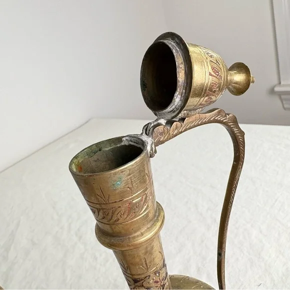 Vintage Solid Brass Teapot Genie Lamp Pitcher Made in India Ornate Etched Floral - Picture 9 of 15